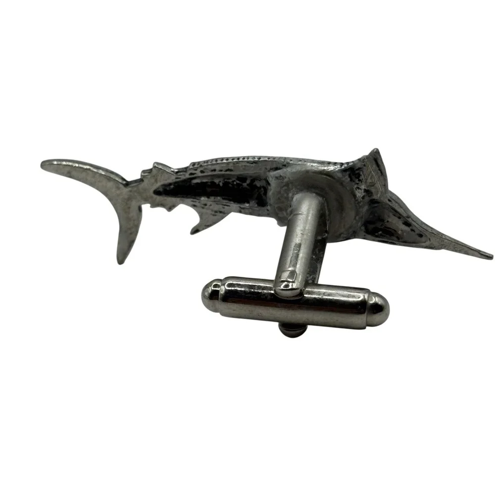 Swordfish Cufflinks Mid Century Silver‎ Tone Marlin Fish Ocean VTG Fishing READ
